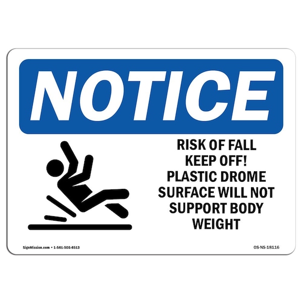Safety Sign, OSHA Notice, 12" Height, Risk Of Fall Keep Off! Plastic Sign With Symbol, Landscape